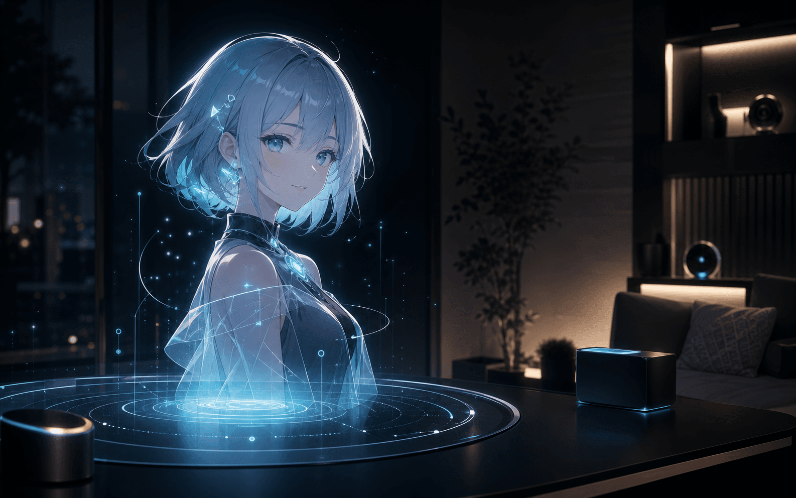 Anime-style AI companion hologram in a premium home environment