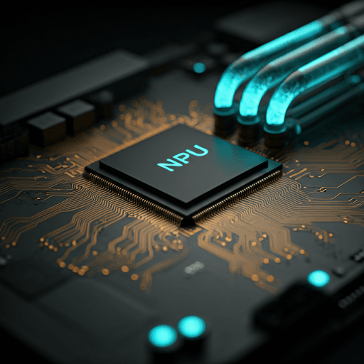 Macro view of a custom neural processing unit on a dark circuit board